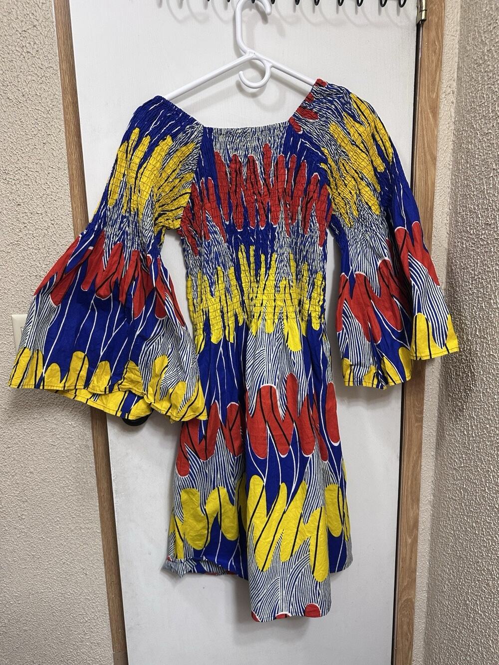 African Stars Red Blue Yellow Bright Smocked Fit And Flare Summer Dress Cotton